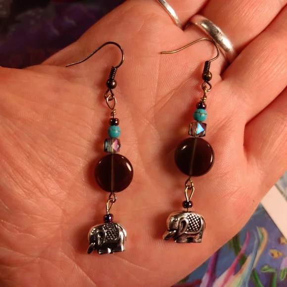 Smokey Quartz, Elephant Charm, Dyed Howlite Earrings - Picture 15 of 16